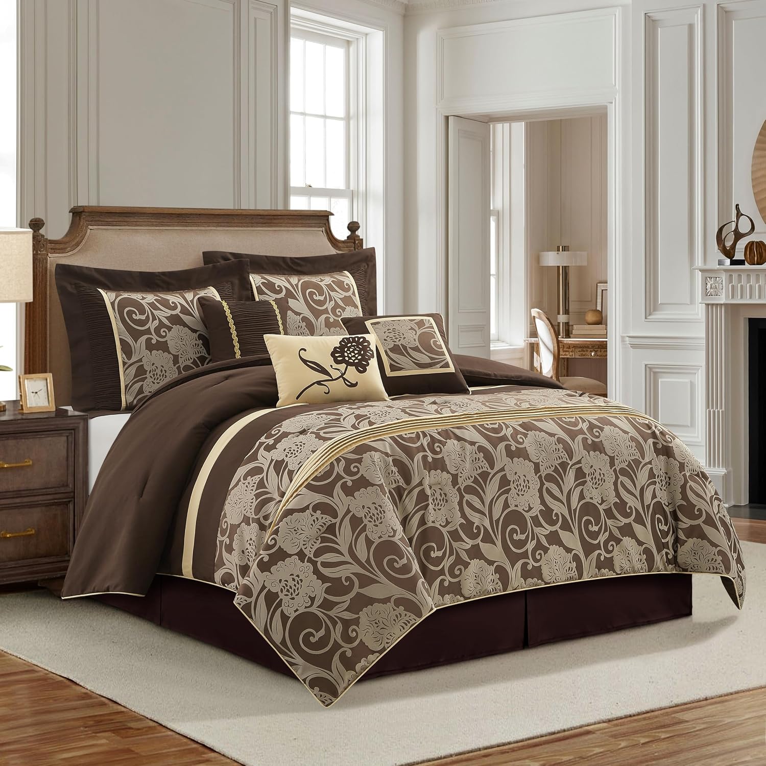 Stratford Park 7 Piece Brown Gold Comforter Set, King Size Jacquard Floral Bedding Set, All Season, Ultra-Soft, Matching Pillows & Shams, Bed Skirt