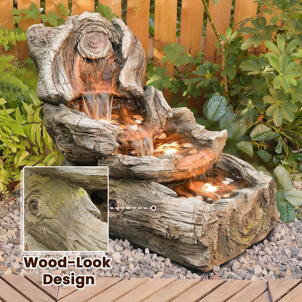 Sunlinua 31.5' L Outdoor Water Fountain with 3 Tiers Cascading Realistic Tree Trunk Waterfall Fountains with LED Lights Outdoor Water Fountain for Garden Patio Backyard Porch Home Decor