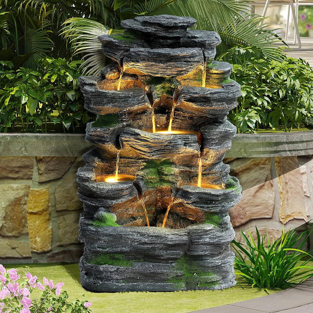 Garden Fountains Outdoor, 7-Tiers Cascading Rock Water Fountain, 24.4' H Waterfall Fountain Indoor with 6 LED Lights and Moss for Patio, Yard and Home Art Decor, Natural Stone Look