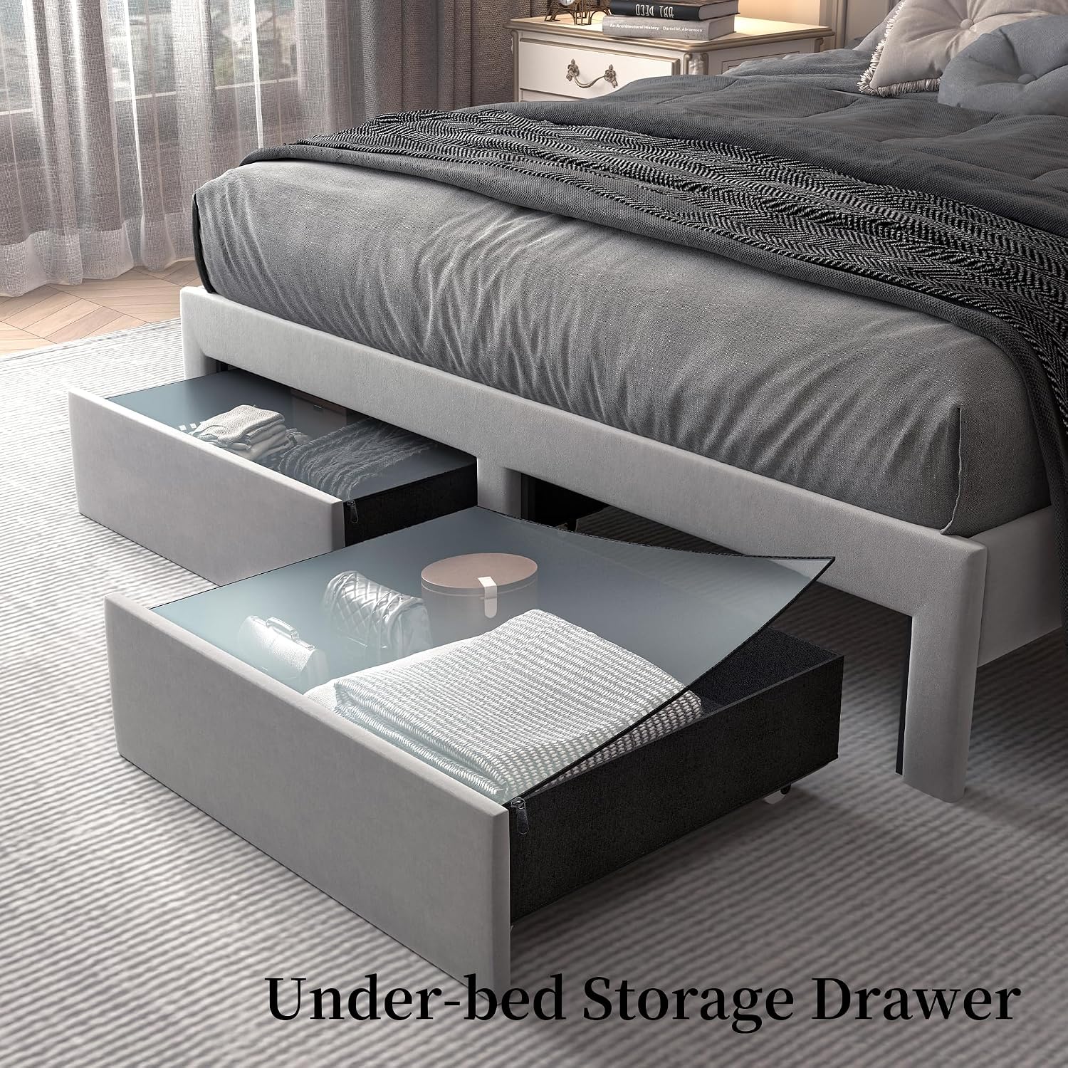 SIBEDS Full LED Bed Frame with Storage Drawers, Velvet Upholstered Platform Beds with Galaxy Star Projector Charging Station Speaker, Aurora Bedframe with 2-Tier Storage Headboard, Noise-Free, Grey