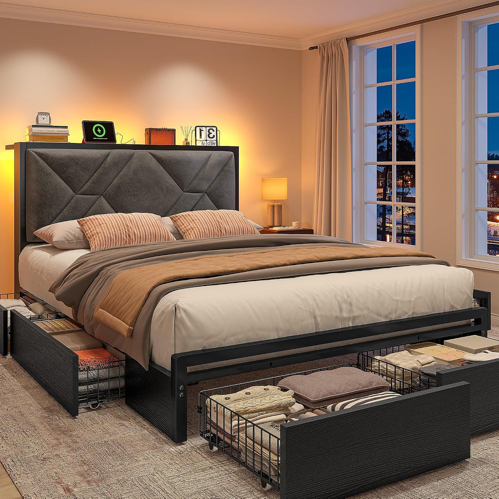 EnHomee Full Size Bed Frame with 6 Storage Drawers and LED Lights,Metal Bed Frame with Upholstered Headboard and Charging Station,NO Noise,Easy Assembly, Black