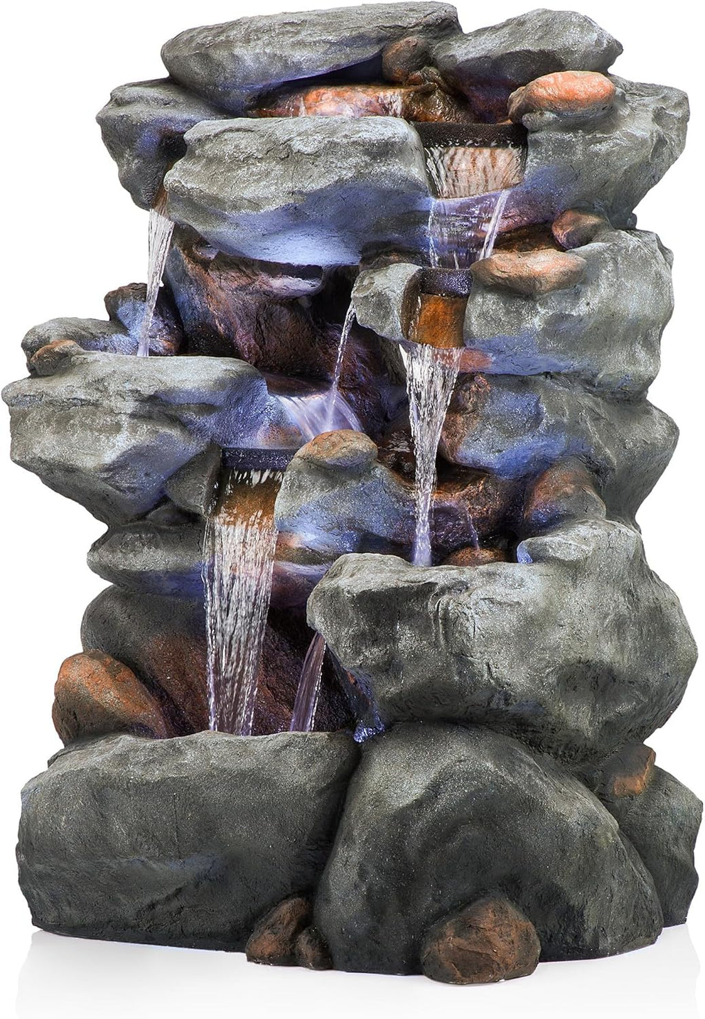 Alpine Corporation WIN1068 Outdoor Floor Rock Water Fountain with LED Lights, 5-Tier Rock Waterfall Fountain 54', Dark Brown