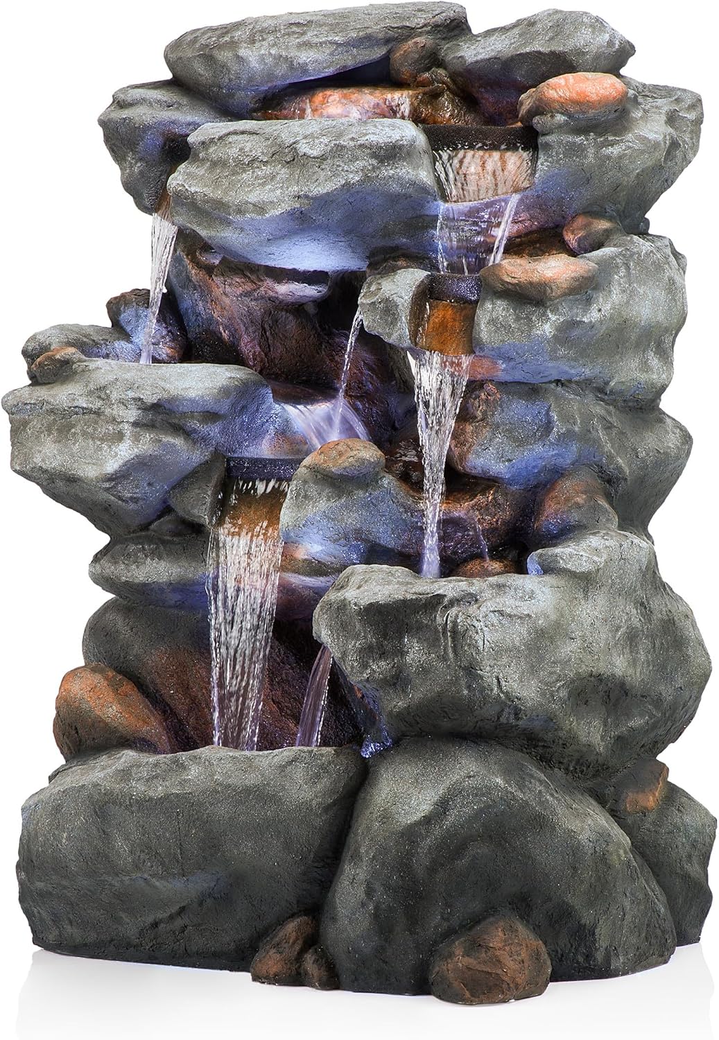 Alpine Corporation WIN1068 Outdoor Floor Rock Water Fountain with LED Lights, 5-Tier Rock Waterfall Fountain 54', Dark Brown
