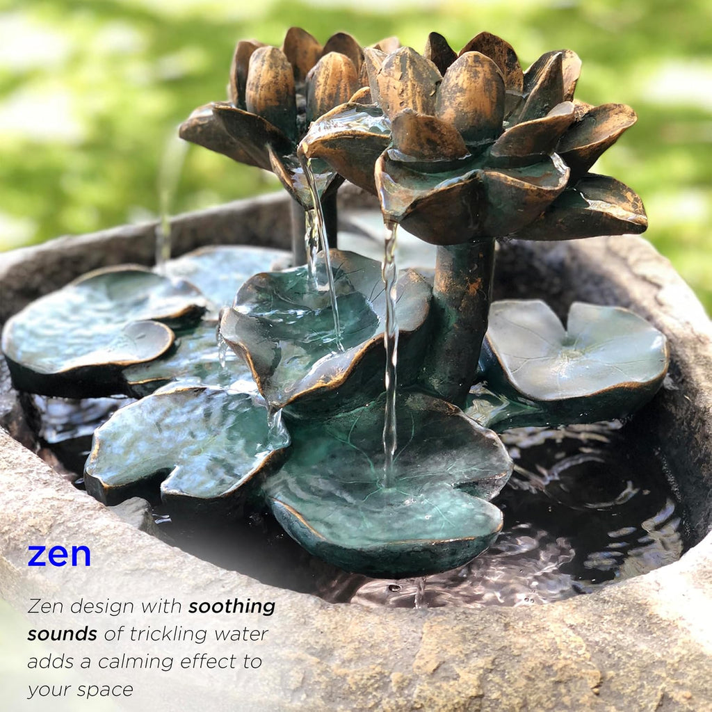 Alpine Corporation USA1393 Outdoor Floor Vintage Pedestal Lotus Rock Water Fountain, Soothing Pedestal Waterfall, 30', Brown