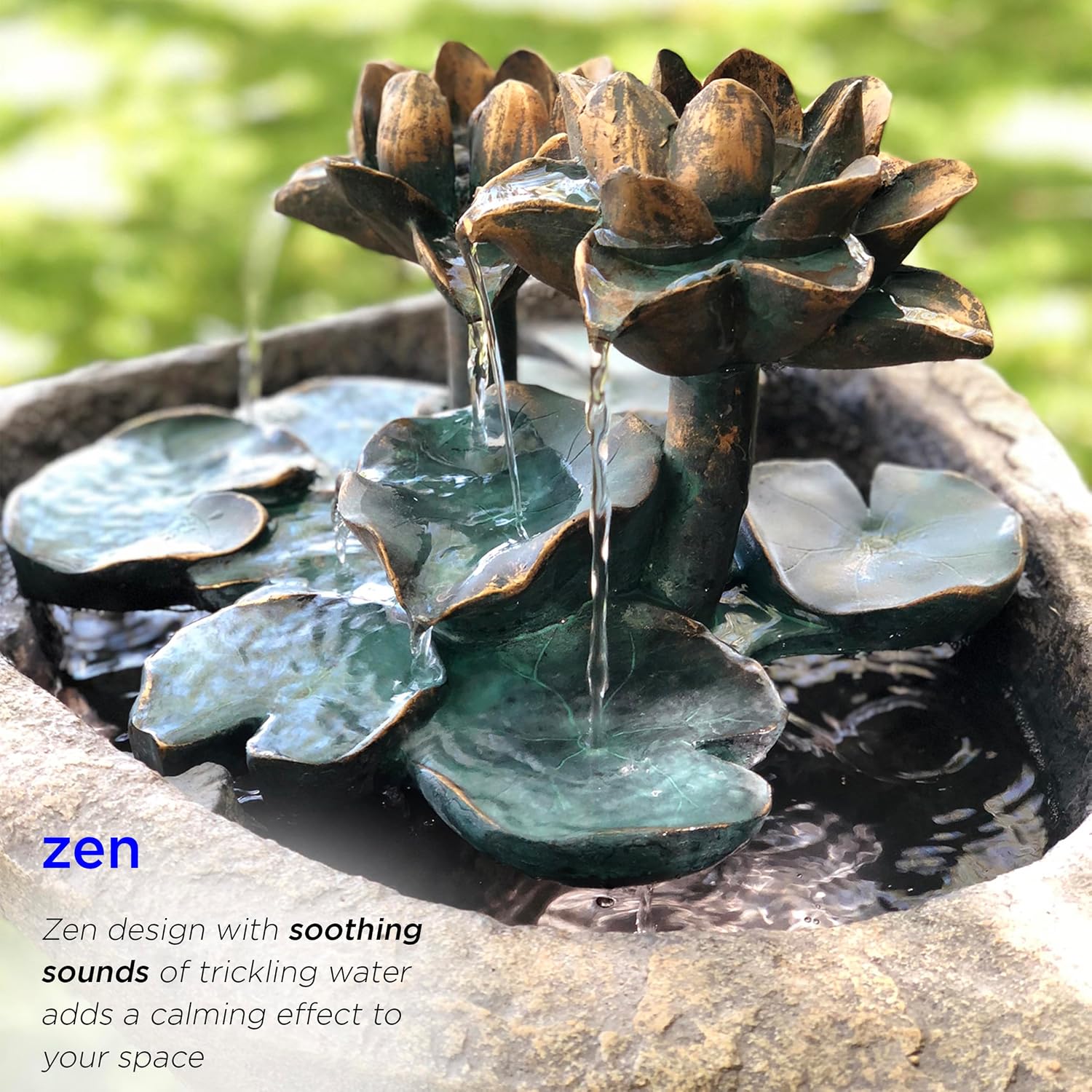Alpine Corporation USA1393 Outdoor Floor Vintage Pedestal Lotus Rock Water Fountain, Soothing Pedestal Waterfall, 30', Brown