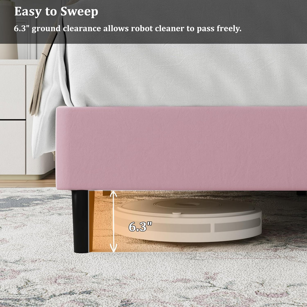 IOILORI Queen Size Bed Frame Platform with Velvet Upholstered Headboard, Sturdy Wooden Slats, No Spring Box, No Noise, Easy to Assemble, Bedframe with Strong Wooden Slats, Pink