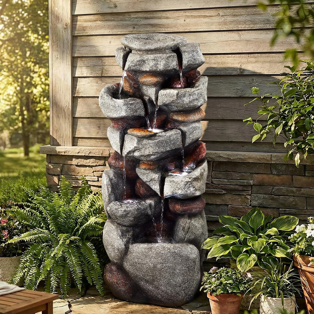40' H Outdoor Water Fountain, Cascading Rock Waterfall Fountain with 6 White LED Lights, 7-Tiers Large Water Feature for Outdoor, Garden Water Fountain for Patio, Yark, Deck, Porch, Home Decor