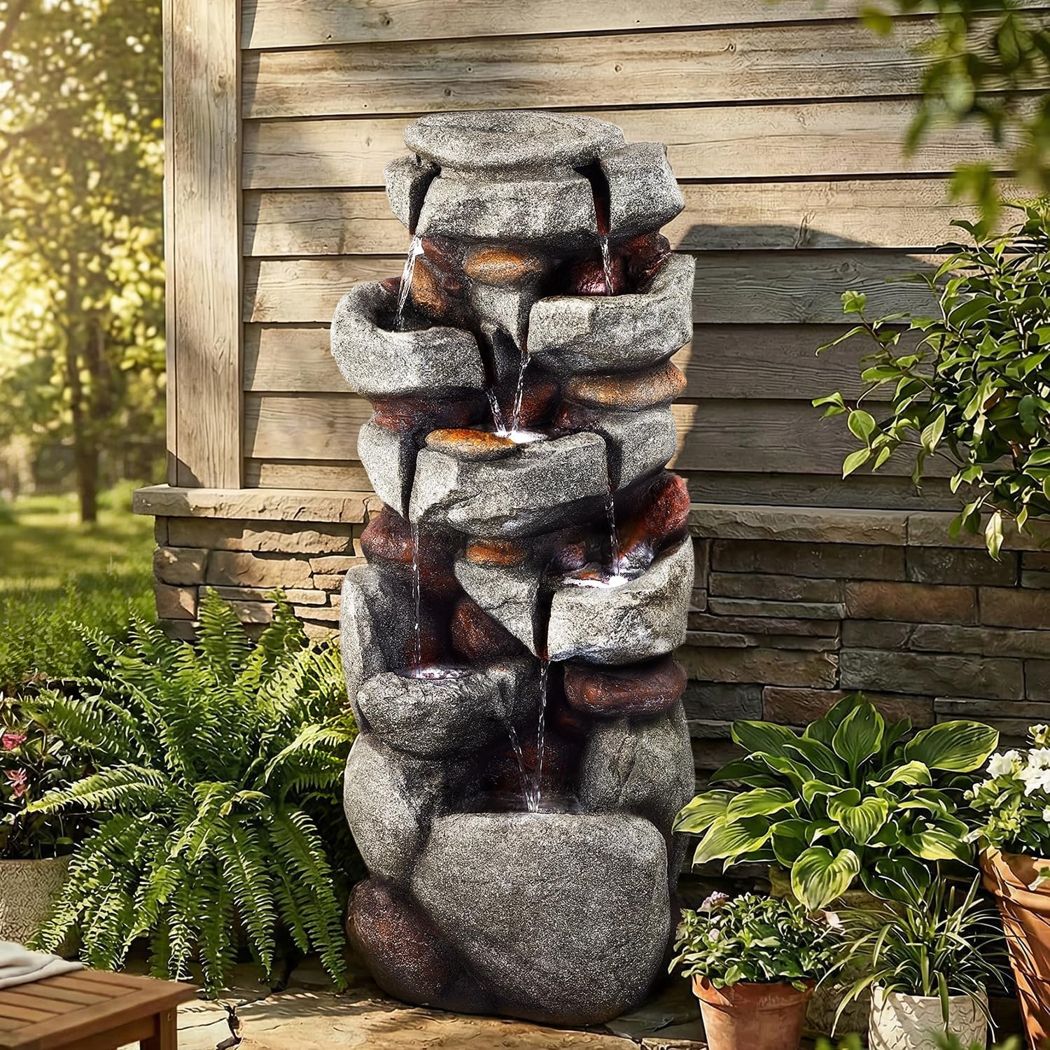40' H Outdoor Water Fountain, Cascading Rock Waterfall Fountain with 6 White LED Lights, 7-Tiers Large Water Feature for Outdoor, Garden Water Fountain for Patio, Yark, Deck, Porch, Home Decor