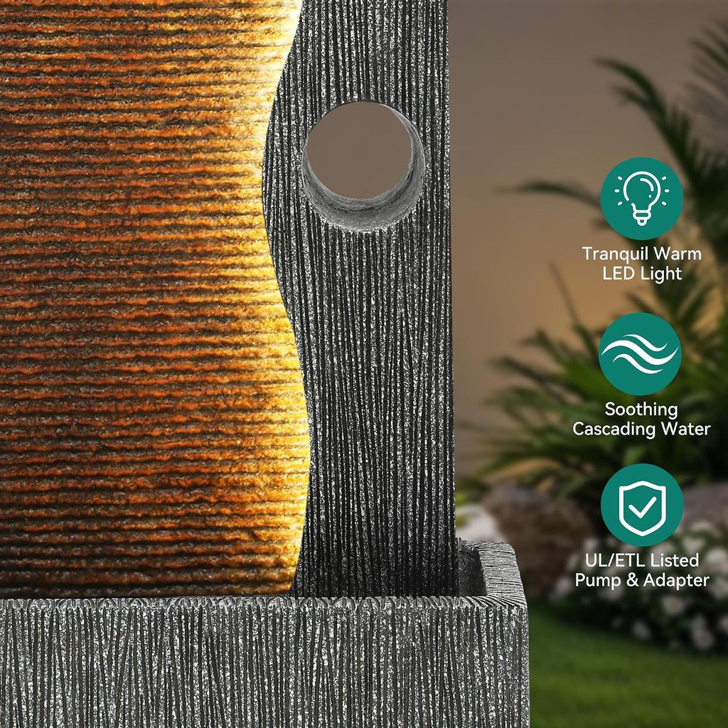 39.4' Modern Zen Faux Slate Water Fountain for Indoors or Outdoors with LED Lights, Cascading Waterfall, Tranquil Water Feature for Patio, Garden, Deck or Porch