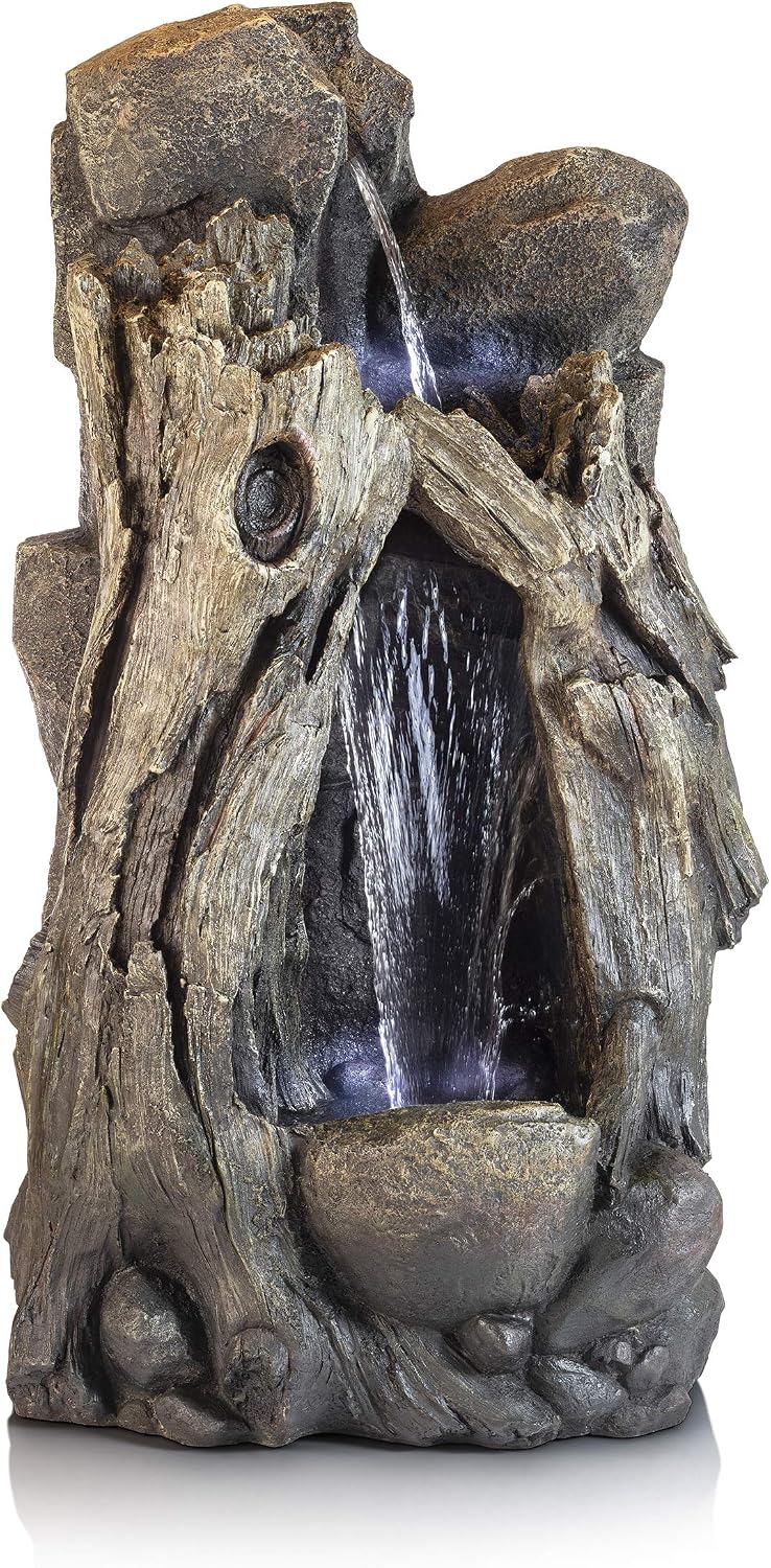 Alpine Corporation WIN270 52' Outdoor Rainforest Waterfall Tree Trunk Fountain with LED Lights, Cascading Water Feature for Garden, Patio, Backyard & Landscape Décor, Rustic, Brown