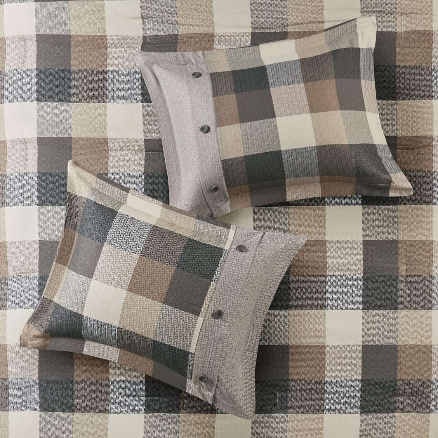 Madison Park Ridge Comforter Set-Cabin Lodge Plaid Herringbone Design All Season Down Alternative Cozy Bedding with Matching Bedskirt, Shams, Decorative Pillow, King(104'x92'), Neutral 7 Piece