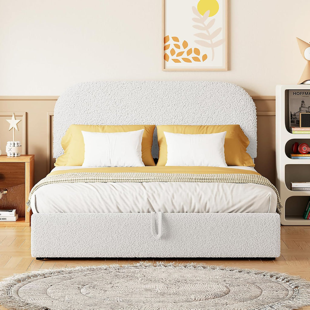 Full Size Platform Bed with Hydraulic Storage, Modern Teddy Fleece Upholstered Headboard and Wood Slats Support for Kids Teens Adults (White-131J)