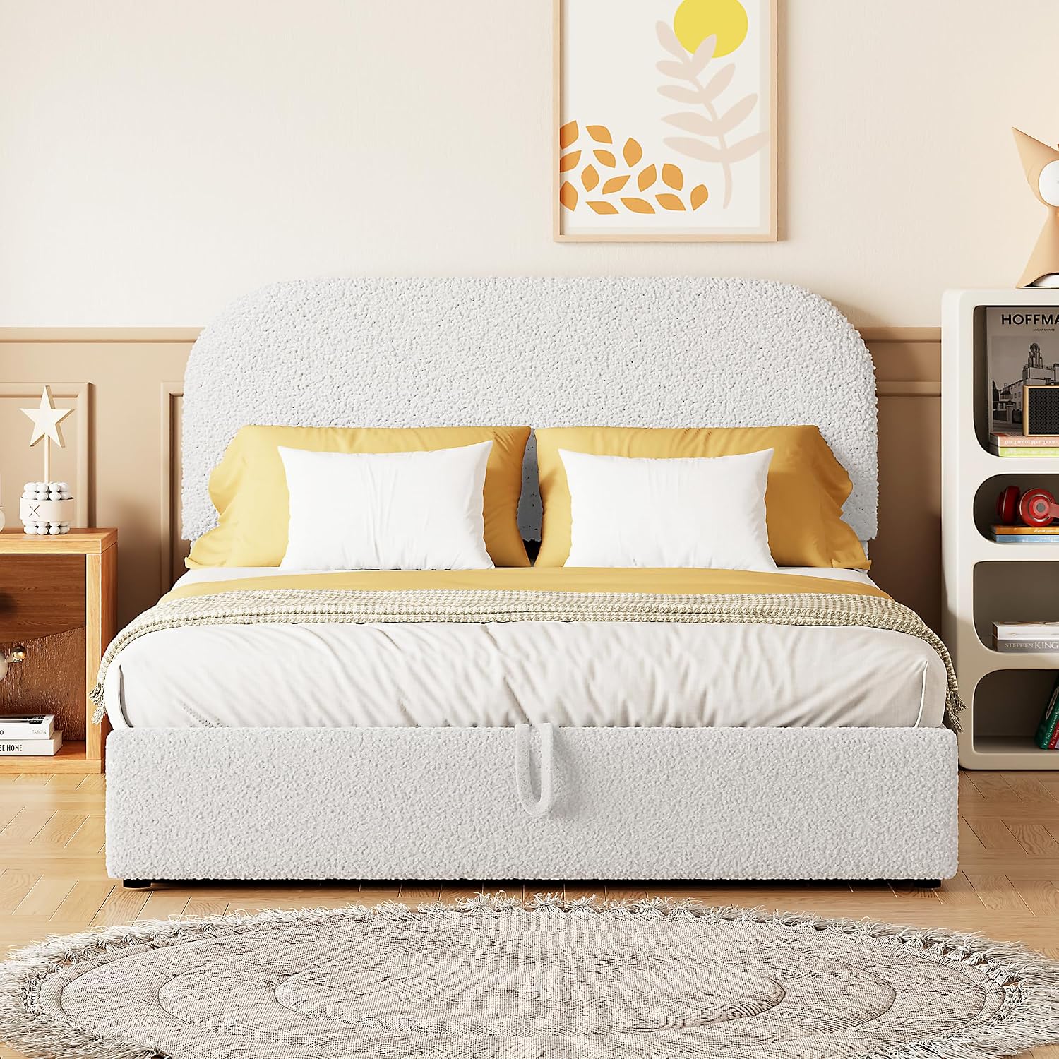 Full Size Platform Bed with Hydraulic Storage, Modern Teddy Fleece Upholstered Headboard and Wood Slats Support for Kids Teens Adults (White-131J)