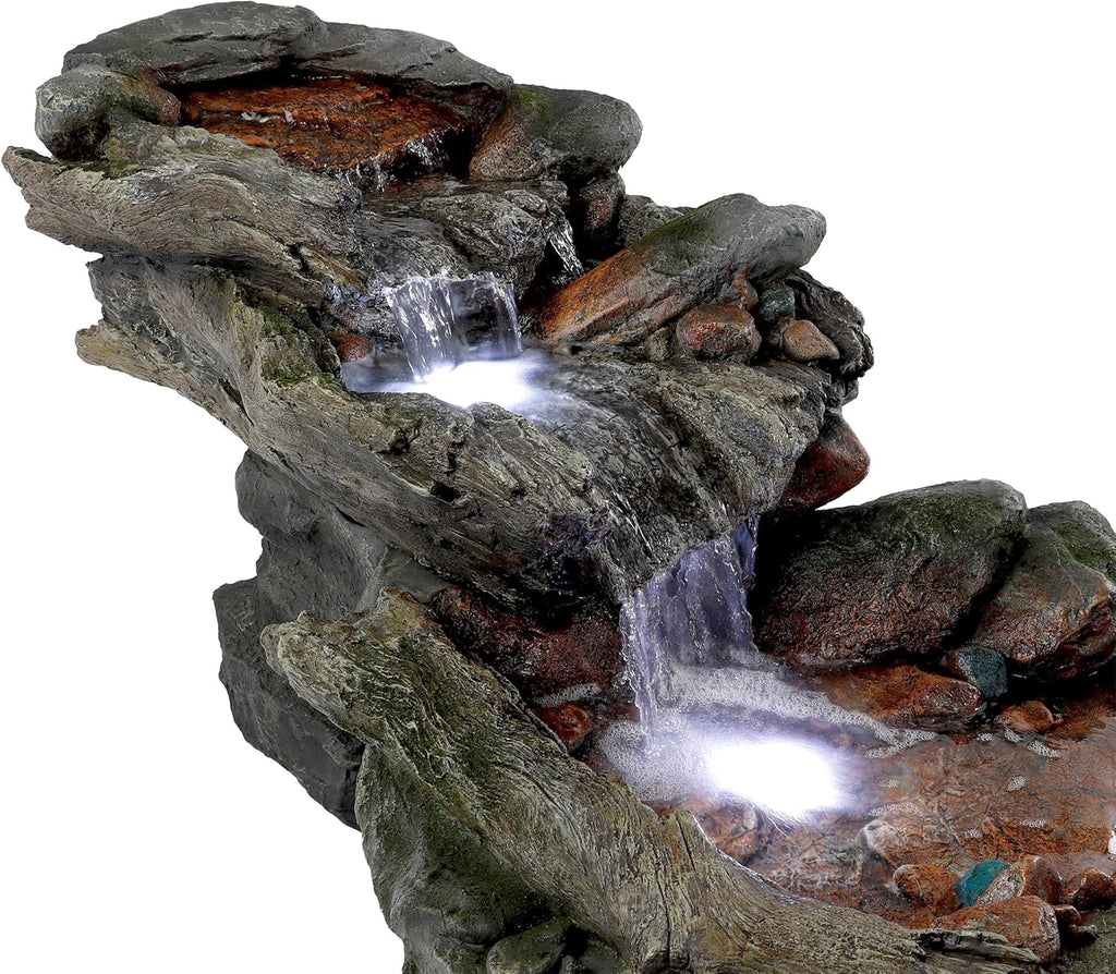 Alpine Corporation | 60'L Outdoor 3-Tier Rainforest Rock River Hand-Painted Water Fountain with LED Lights — Garden, Patio & Yard Décor
