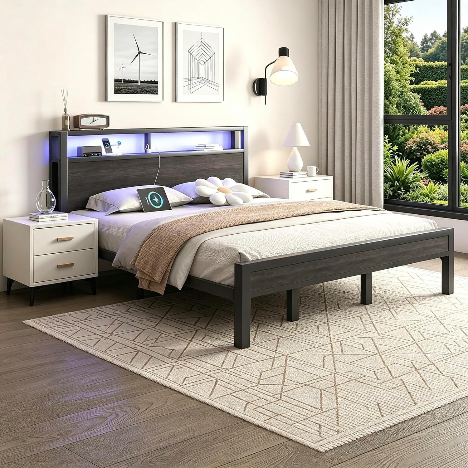 LoVinson King Size Bed Frame with Charging Station and LED Light, Metal Platform Bed with Storage Headboard, Noise Free, No Box Spring Needed, Easy Assembly, Grey