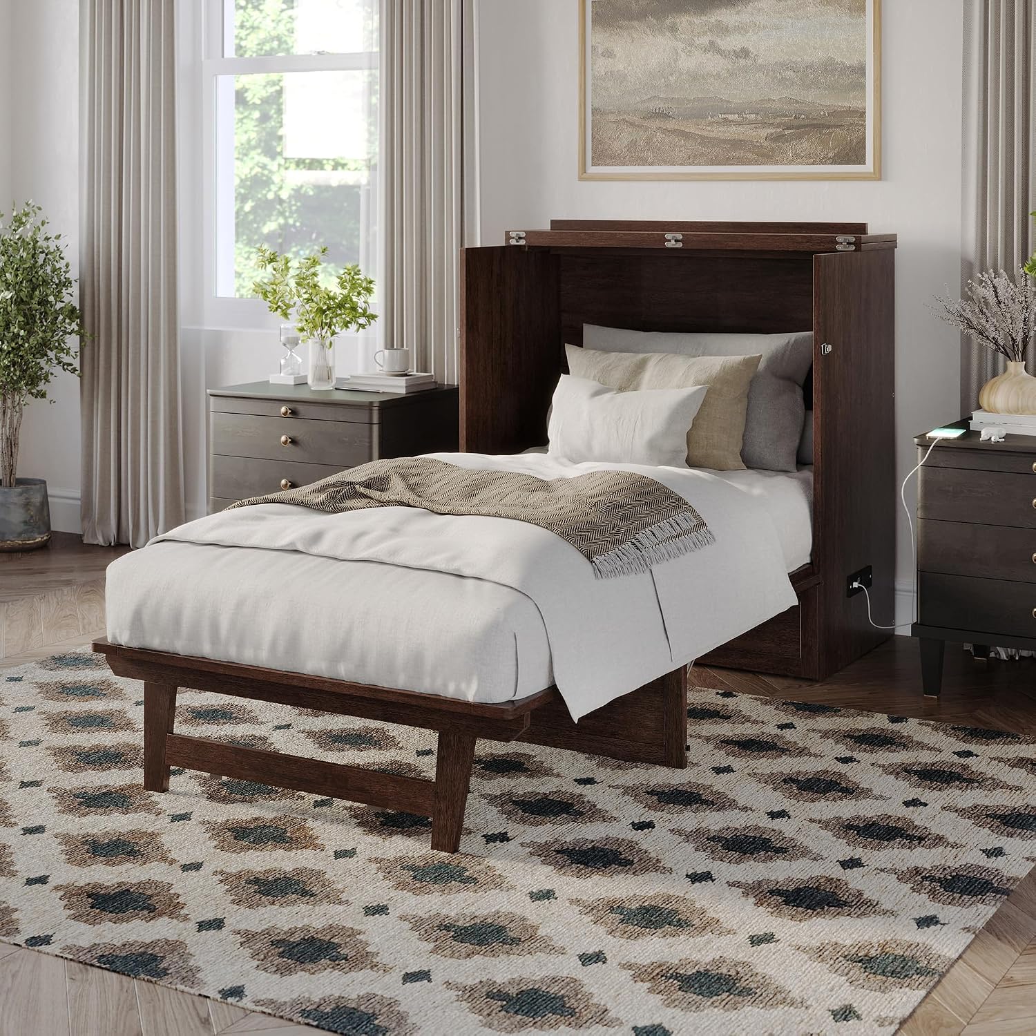 AFI, Northfield Murphy Bed Chest Twin XL with 6' Mattress, Storage Drawer & Built-in USB Charger, Burnt Amber