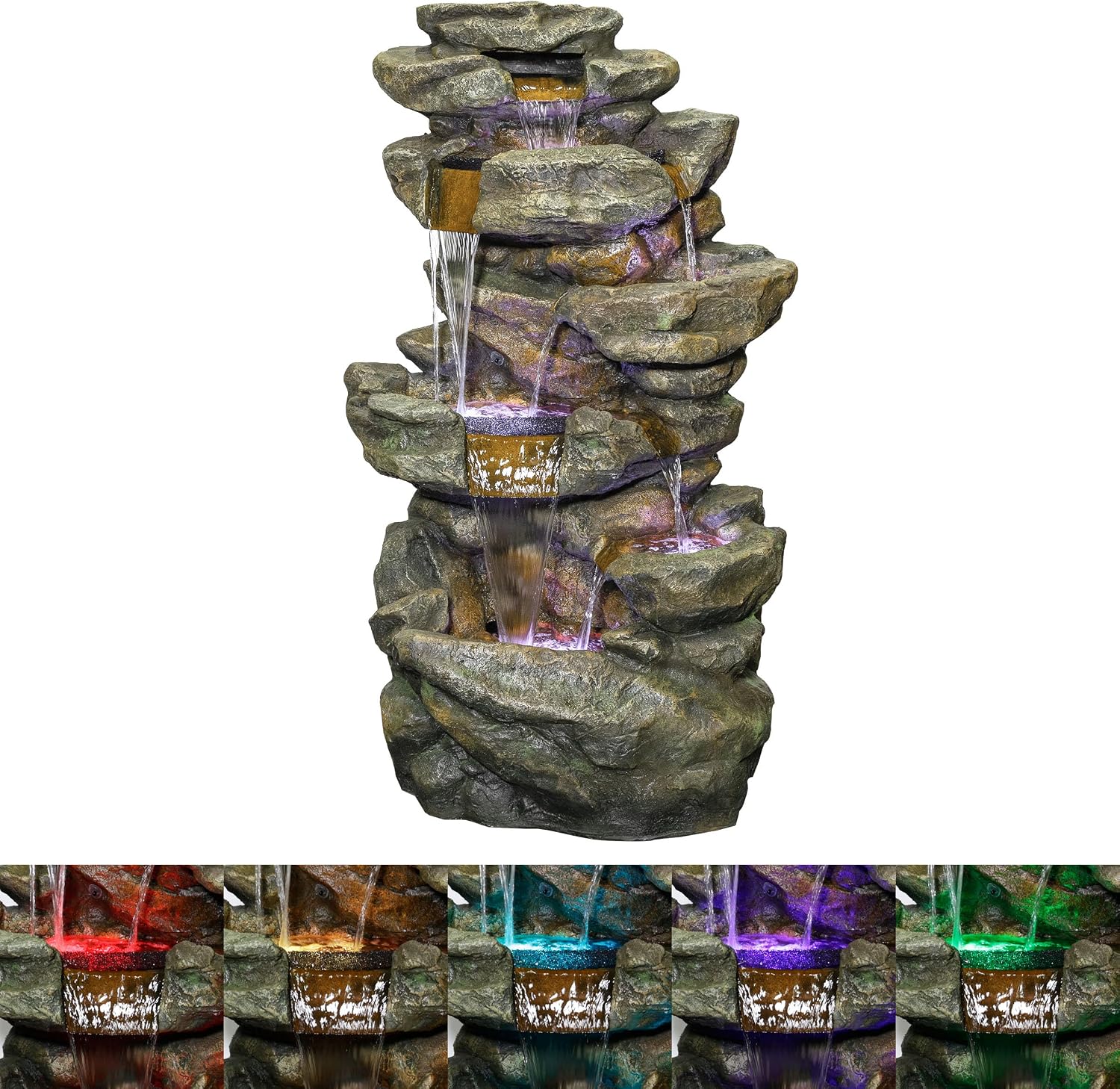 Alpine Corporation 51' Tall 6-Tier Outdoor Rainforest Waterfall Floor Fountain, Weather-Resistant Design with Color-Changing LED Lights & Remote Control, Gray