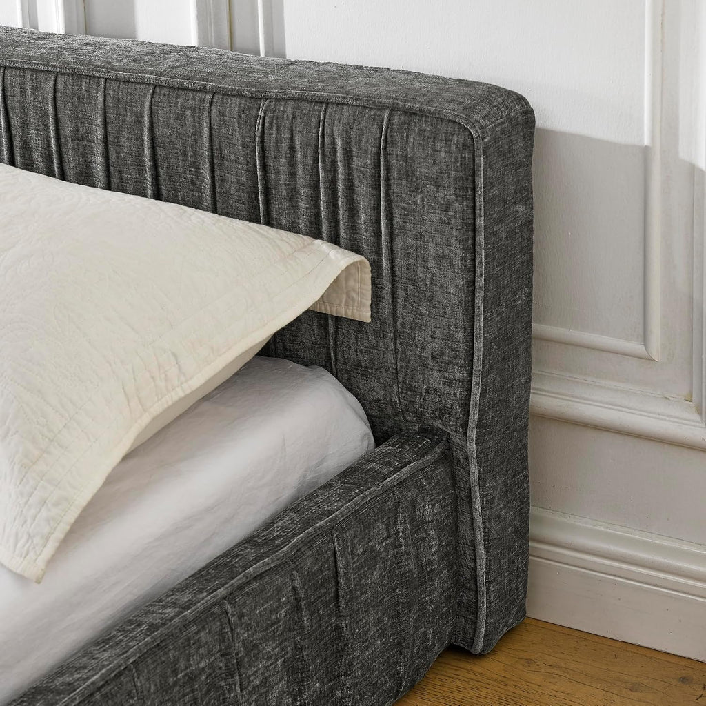 Ball & Cast Queen Size Low Bed Frame,Chenille Upholstered Platform Bed with Pleated Design Headboard,Grounded Floor Bed with Wood Slat Support,No Box Spring Needed,Grey