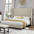 PaPaJet Full Size Bed Frame with 51.2' Wingback Headboard,Line Upholstered Platform Bed,Solid Wood Legs,No Box Spring Needed,Noise-Free&Easy Assembly,for Teen Girls, Dorm, Small Bedroom,Light Khaki