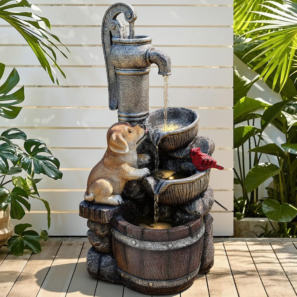 30' Puppy & Red Bird Outdoor Fountain, 3-Tier Pastoral Water Feature with LED Lights, Resin Two Bowls & Wooden Barrel Soothing Cascading Waterfall for Patio, Backyard, Garden