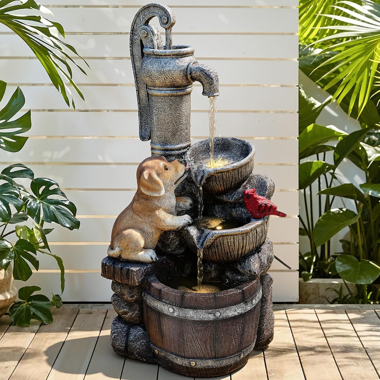 30' Puppy & Red Bird Outdoor Fountain, 3-Tier Pastoral Water Feature with LED Lights, Resin Two Bowls & Wooden Barrel Soothing Cascading Waterfall for Patio, Backyard, Garden