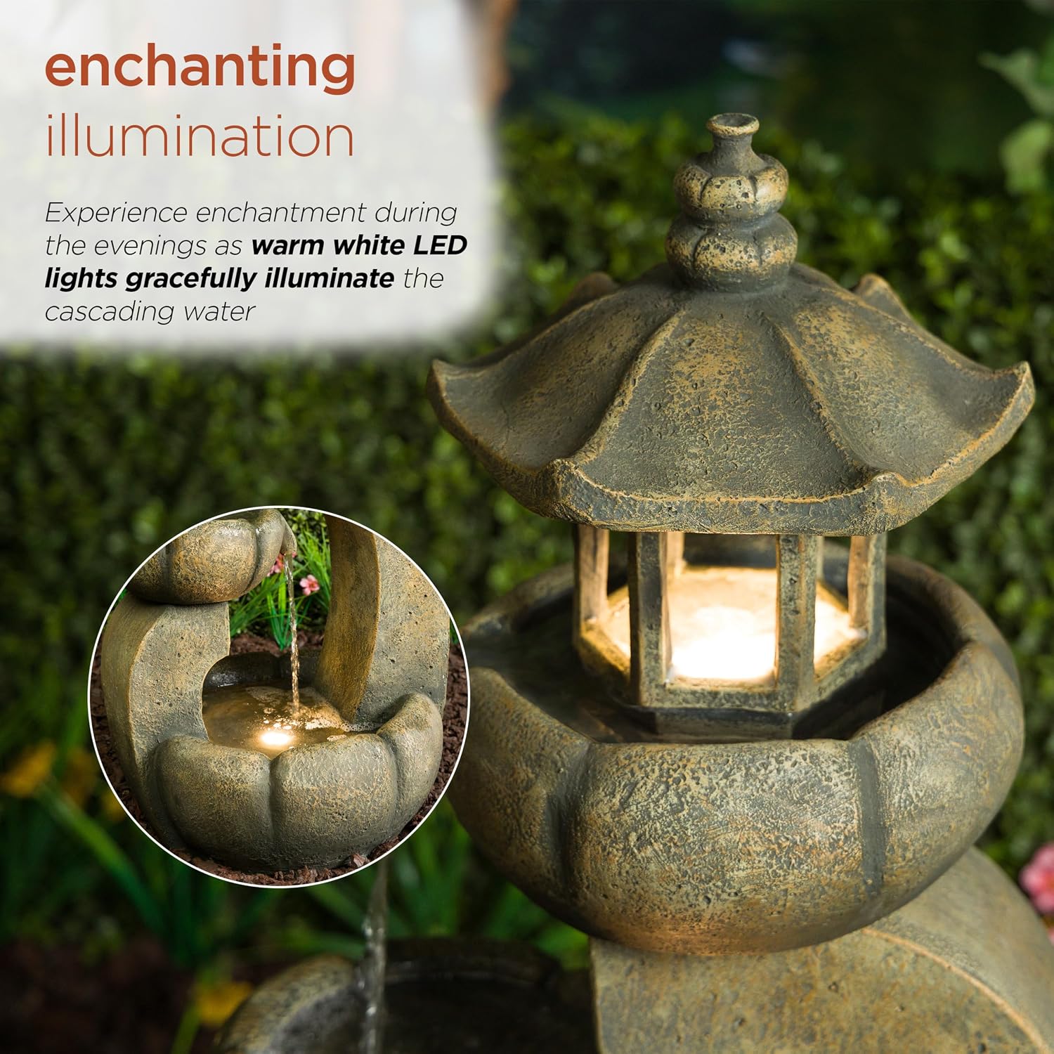 Alpine Corporation 32' Tall 2-Layer Pagoda Polystone Fountain with LED Lights, Cascading Waterfall, Outdoor Garden and Patio Water Feature, Zen Decor, Relaxing Sound, Brown