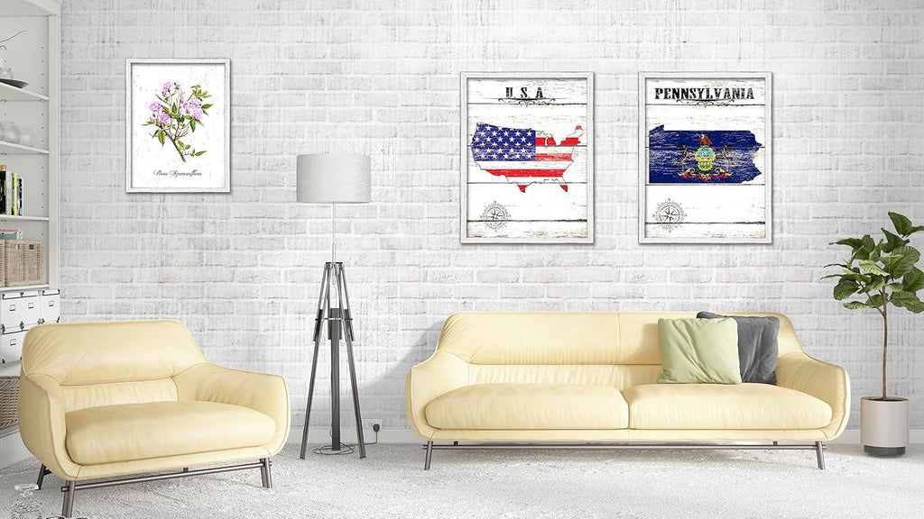 Pennsylvania State Map Flag Cottage Shabby Chic Gifts Home Decor Wall Art Canvas Print, White Wash Wood Frame, 28' x 37'