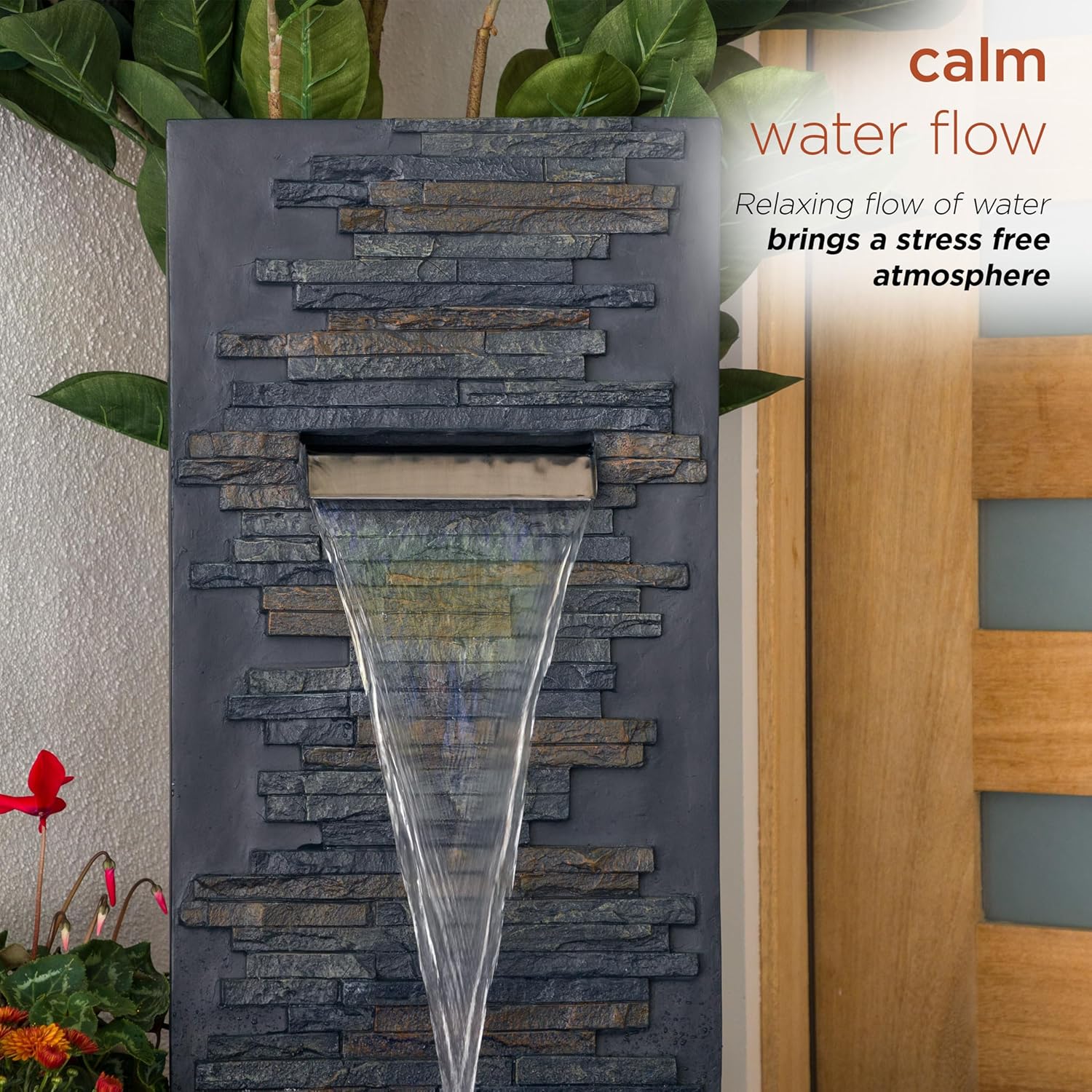 Alpine Corporation 32' Cascading Stone Wall Fountain with LED Lights – Outdoor Water Feature for Garden, Patio, Backyard & Home Decor, Gray
