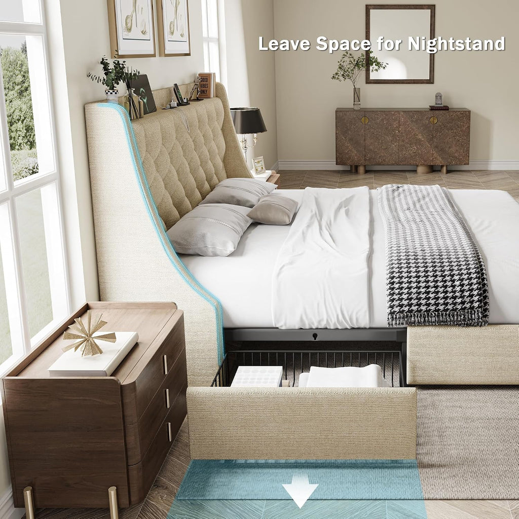 GalnFu Queen Bed Frame with 4 Storage Drawers, Huge Upholstered Wingback Headboard, Fast Charging Station, No Box Spring Needed, Noise-Free, Beige