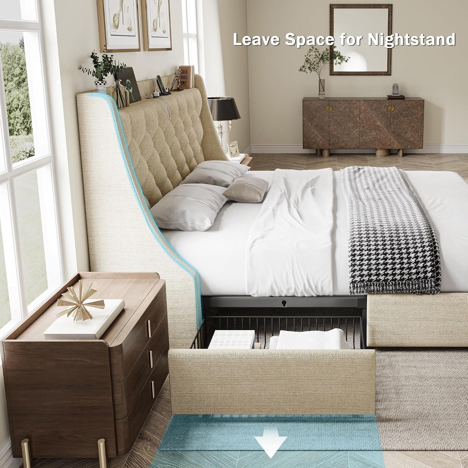GalnFu Queen Bed Frame with 4 Storage Drawers, Huge Upholstered Wingback Headboard, Fast Charging Station, No Box Spring Needed, Noise-Free, Beige