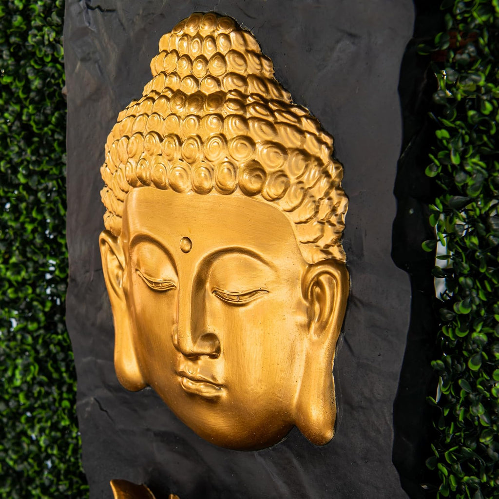 XBrand 30 in H Fiber Resin Wall Buddha Zen Outdoor Garden Water Fountain w/Warm LED Light, Gold