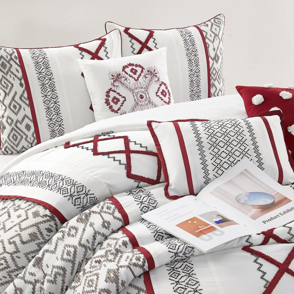 Grand Avenue White Red Comforter Set Queen Size, 7 Piece Terry Embroidery All Season Bedding Set, Bedskirt, Pillows & Shams