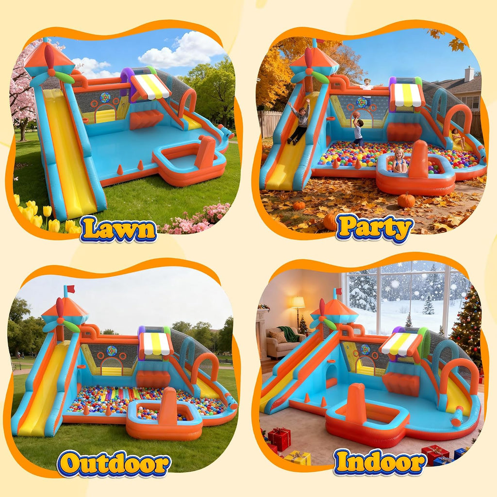 Inflatable Bounce House with Double Slide, 10 in 1 Large Bounce Castle with 750W Blower, Water Slide, Jumping, Splash Pool, Climbing Wall, Toy Stand, Water Cannon, Basketball, Tunnel, Outdoor, Orange