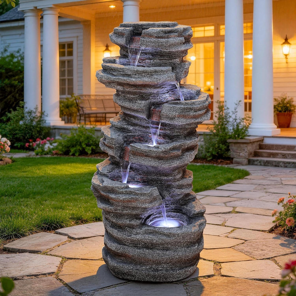 Extra-Large 6-Tier Outdoor Water Fountain with LED Lights, Cascading Rock Waterfall for Garden Patio Porch, Weather-Resistant Polyresin Water Feature for Tranquil Oasis