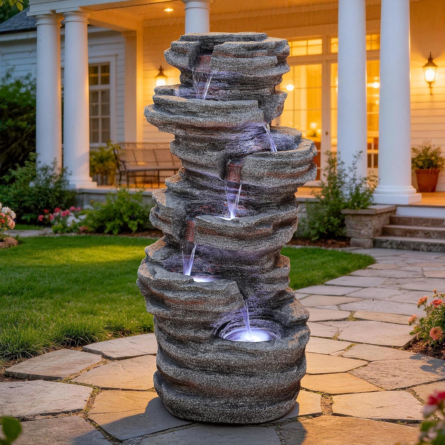 Extra-Large 6-Tier Outdoor Water Fountain with LED Lights, Cascading Rock Waterfall for Garden Patio Porch, Weather-Resistant Polyresin Water Feature for Tranquil Oasis