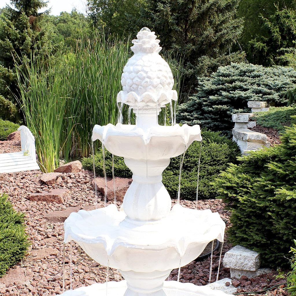 Sunnydaze 57' H Welcome 3-Tier Water Fountain - Large Electric Water Fountain with Pineapple Topper for Garden, Patio or Yard - White
