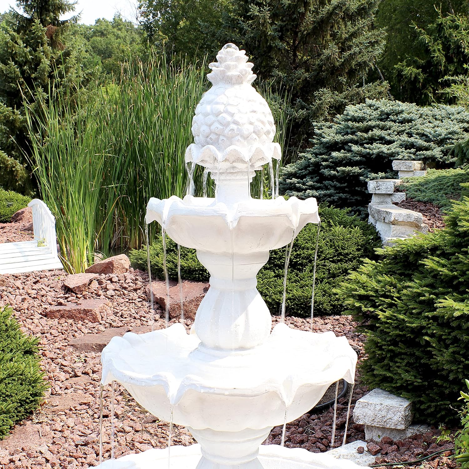 Sunnydaze 57' H Welcome 3-Tier Water Fountain - Large Electric Water Fountain with Pineapple Topper for Garden, Patio or Yard - White