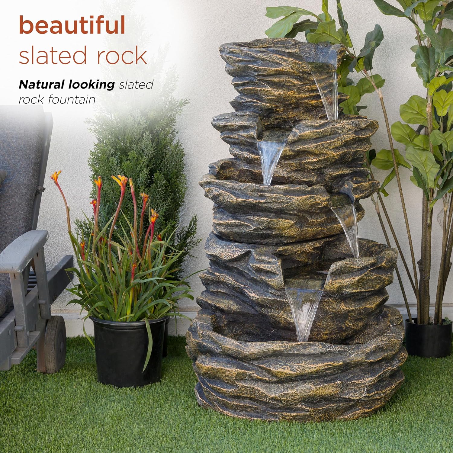Alpine Corporation 39' Tall Outdoor 5 Tiered Natural Look Rock Water Floor Fountain with Replaceable Lights, Brown