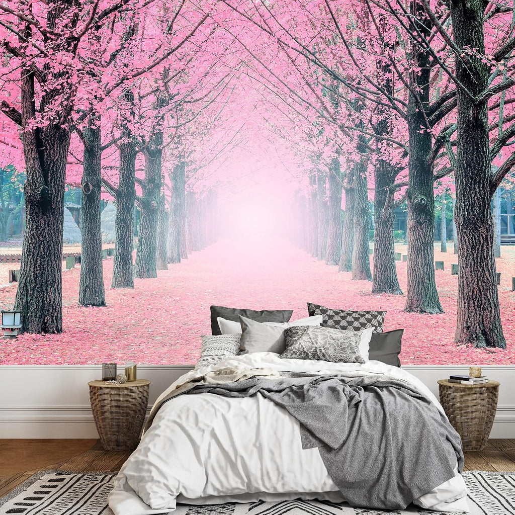 wall26 - Large Wall Mural - Lane of Pink Fallen Leaves with Trees by Each Side | Self-Adhesive Vinyl Wallpaper/Removable Modern Wall Decor - 100x144 inches