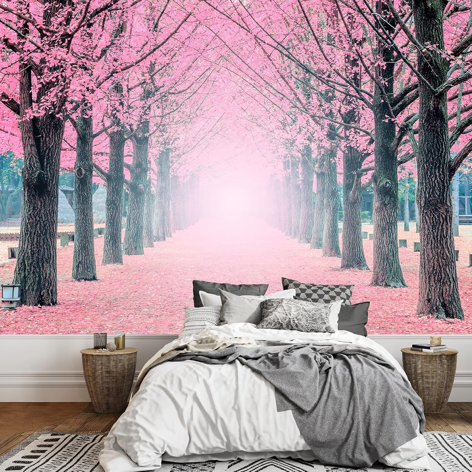 wall26 - Large Wall Mural - Lane of Pink Fallen Leaves with Trees by Each Side | Self-Adhesive Vinyl Wallpaper/Removable Modern Wall Decor - 100x144 inches