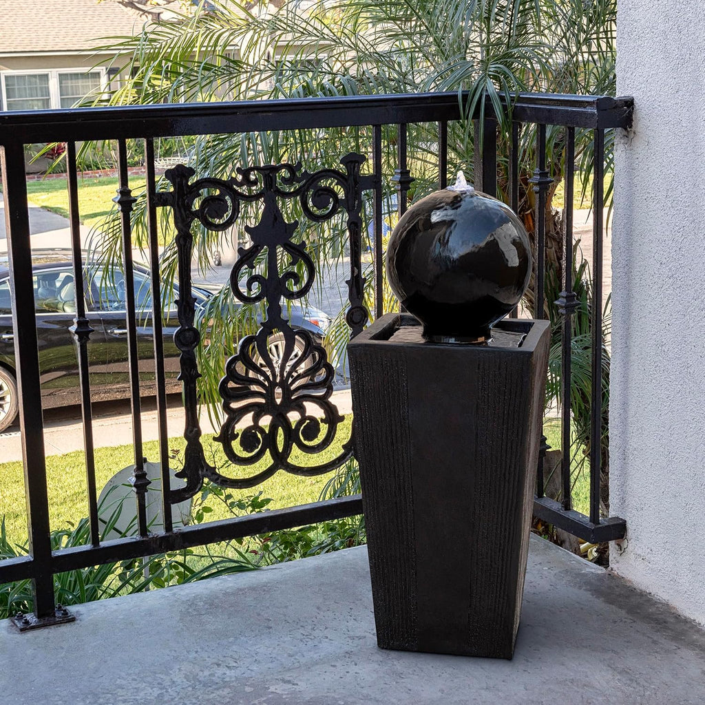 Alpine Corporation GIL786 Outdoor Floor Modern Sphere and Pedestal Soothing Waterfall Fountain for Garden 33', Black
