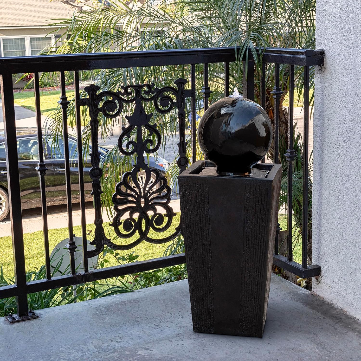 Alpine Corporation GIL786 Outdoor Floor Modern Sphere and Pedestal Soothing Waterfall Fountain for Garden 33', Black