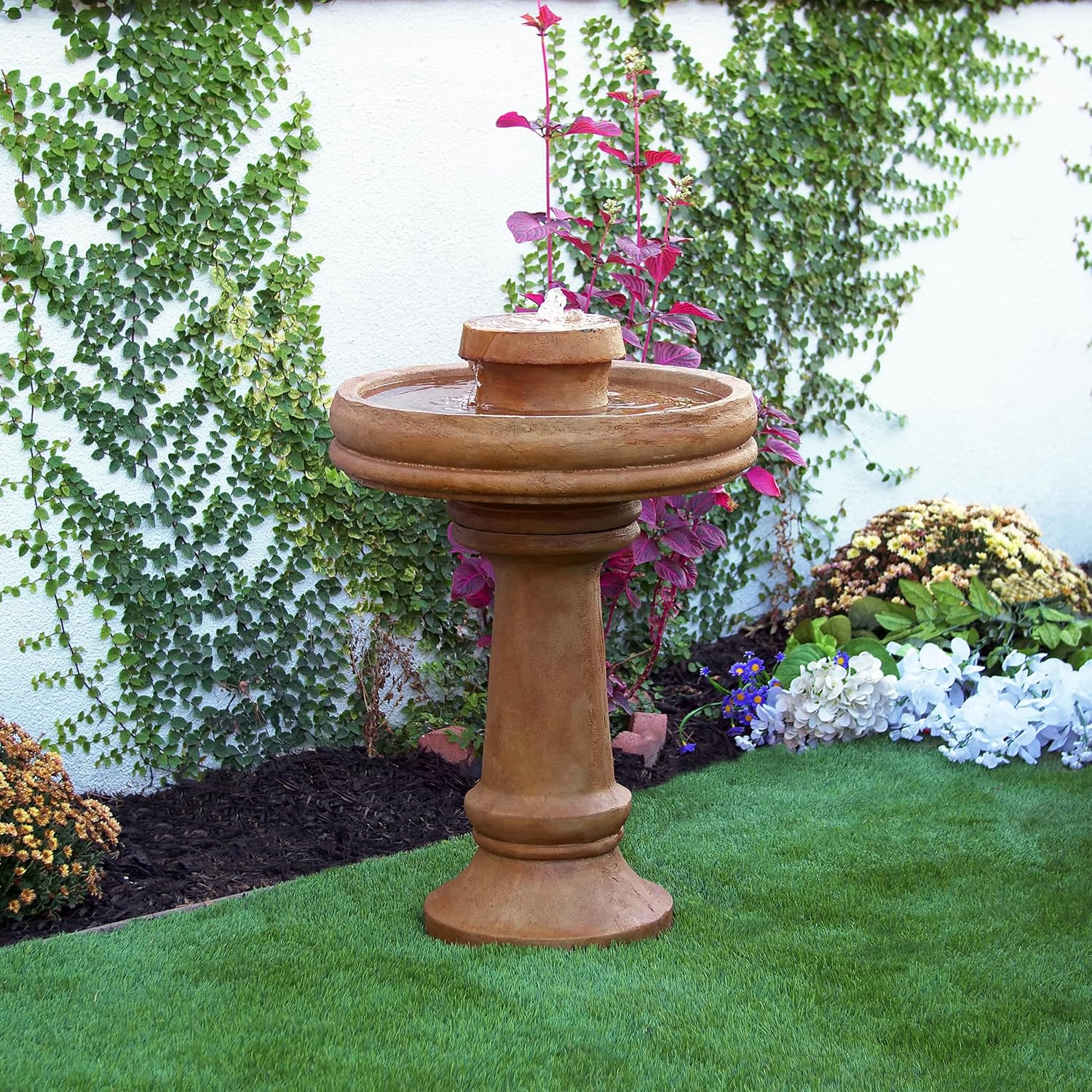 Alpine Corporation TZL202 Outdoor Floor Vintage Pedestal Water Fountain with Bird Bath and LED Lights, 29', Brown