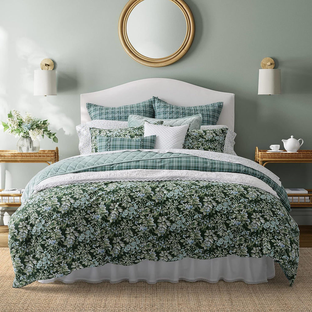 Laura Ashley – Queen Comforter Set, Reversible Floral Bedding with Matching Shams & Bonus Decorative Pillow Covers, Medium Weight, 7-Piece, College Dorm Room Essentials (Bramble Floral Green)