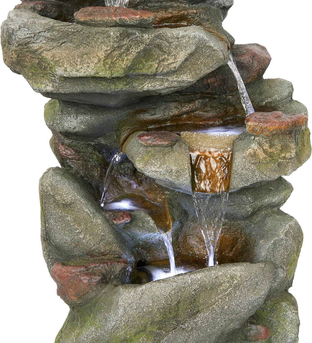 Alpine Corporation 31' Tall Outdoor 4-Tier Rock Floor Fountain, Cascading Waterfall with Cool White LED Lights, Gray