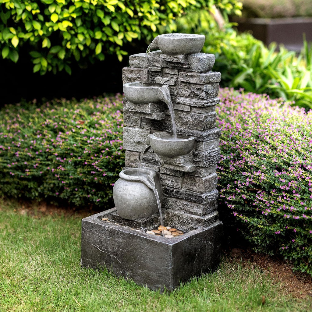 Teamson Home 28.5' Outdoor 4-Tier Stacked Stone Cascading Water Fountain with LED Lights, Gray