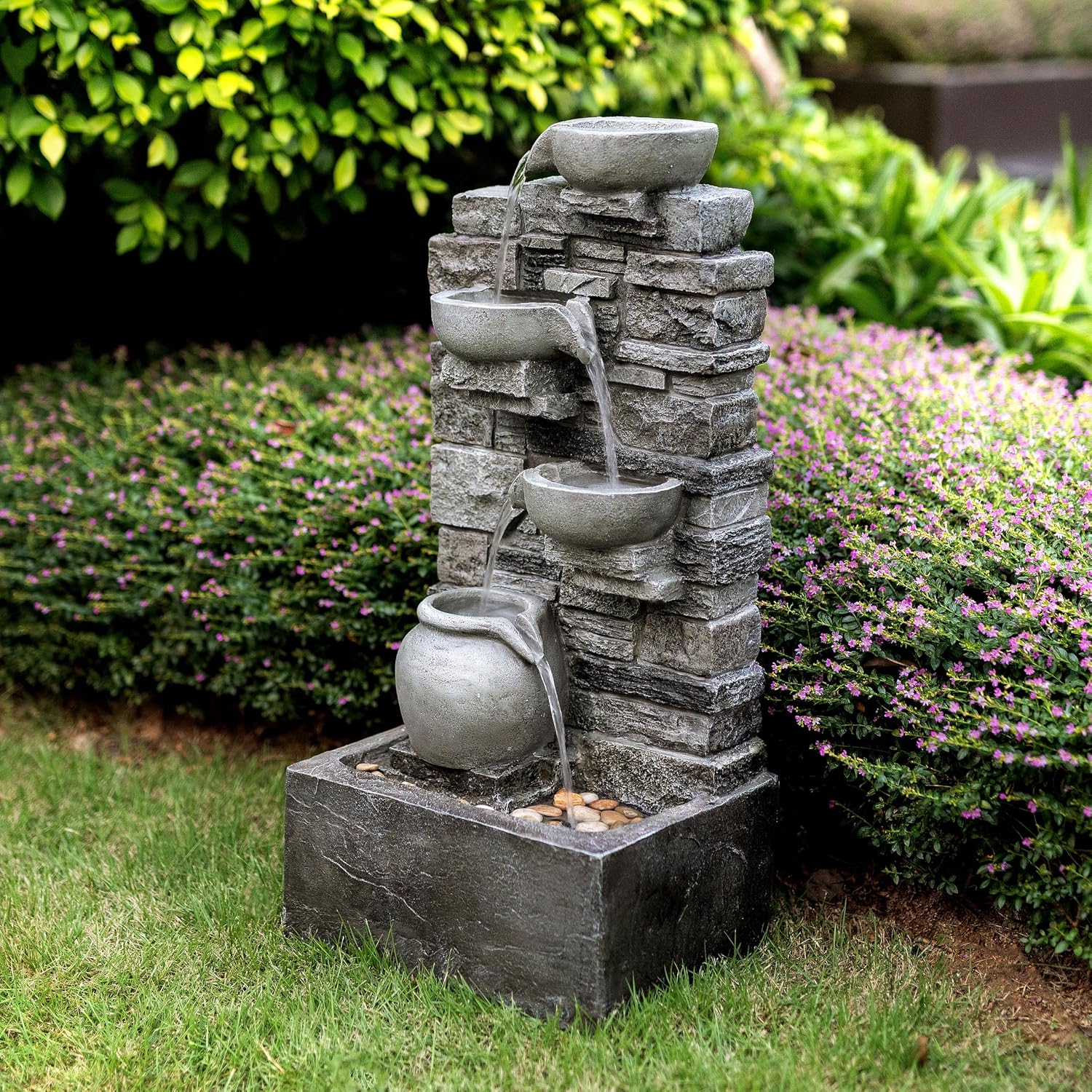 Teamson Home 28.5' Outdoor 4-Tier Stacked Stone Cascading Water Fountain with LED Lights, Gray