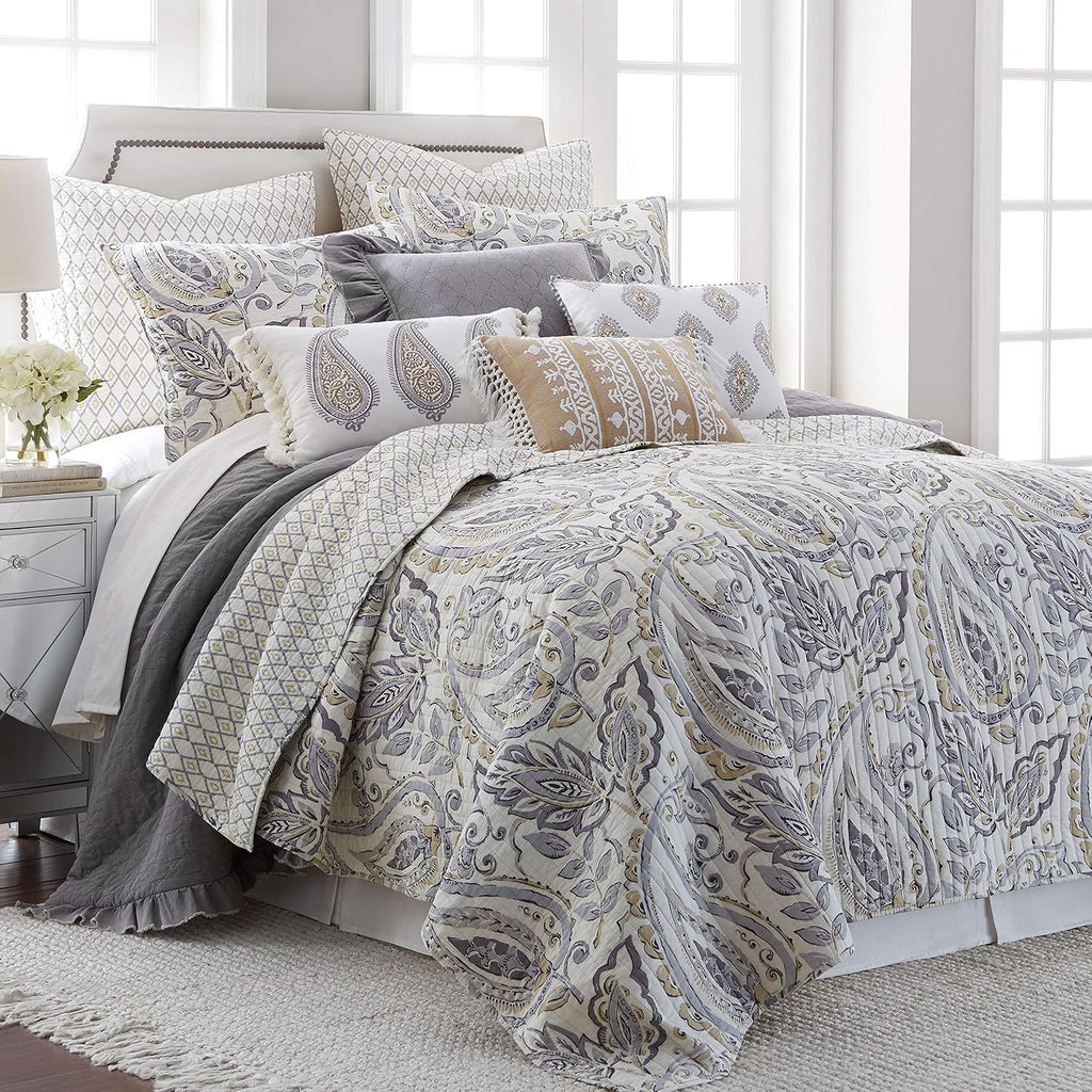 Levtex Home - Tamsin Grey Quilt Set -Twin Quilt + One Standard Pillow Sham - Modern Paisley - Grey Taupe Off-White - Quilt Size (68x86in.) and Pillow Sham Size (26x20in.) - Reversible - Cotton