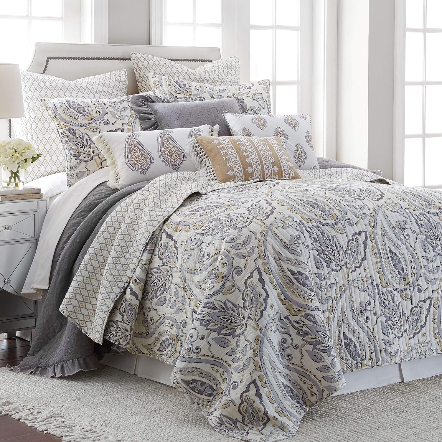 Levtex Home - Tamsin Grey Quilt Set -Twin Quilt + One Standard Pillow Sham - Modern Paisley - Grey Taupe Off-White - Quilt Size (68x86in.) and Pillow Sham Size (26x20in.) - Reversible - Cotton