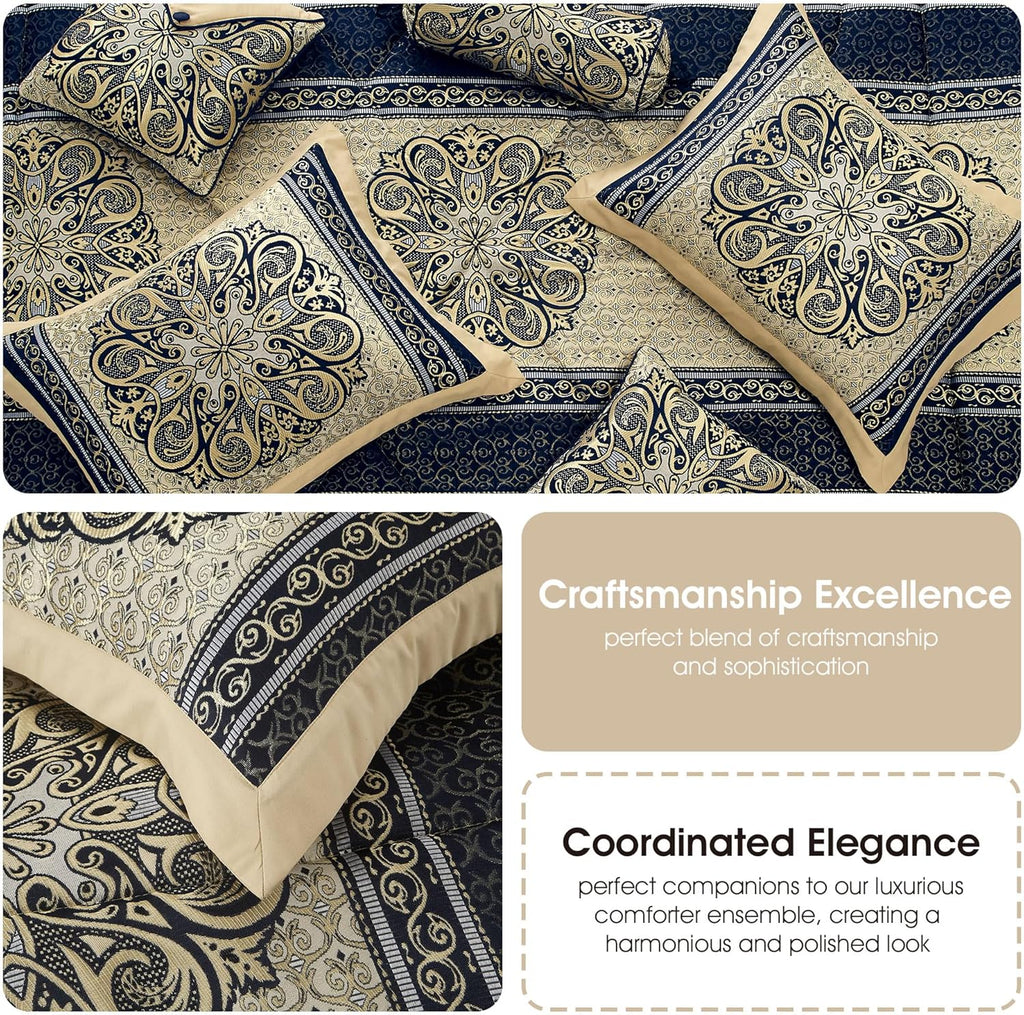 Stratford Park Medallion 7 Piece Navy Comforter Set, Queen Size Jacquard Bedding, All Season Bedding Set, Bed Skirt, Pillows & Shams